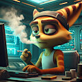 Ratchet smoking a cigarette while working on a computer. by Zero293