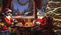 Pixel animated Christmas kitsune black fox