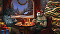 Pixel animated Christmas big cat black wolf by AnastasRadonski