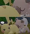 Rockruff greets Pikachu by Skulltronprime969