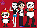 Two pandas and two humans on a red background