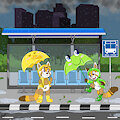 Rainy Bus Station Pandas -By NazzNikoNanuke-