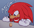 Red echidna yelling "meow" at an egg