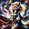 A red panda warrior stands with a lightsaber