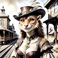 A steampunk cat stands on a train platform by Anonceiada