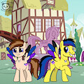 The twins in front of the Ponyville statue