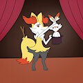 Braixen pulling a scorbunny out of a hat