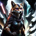 A fox warrior stands in a cave with a lightsaber by Anonceiada