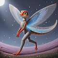 A winged creature runs through a field at night by Anonceiada