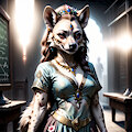 A hyena woman stands in a room