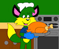 Sid the Fox Putting a Turkey in the Oven to Cook