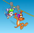 Tag and Scooch riding on the zip line (colored)