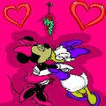 Minnie and Daisy kissing under the mistletoe