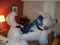 Mountain Blue relaxing on a Bolt inflatable.
