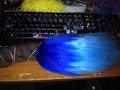 blue yarn tail WIP